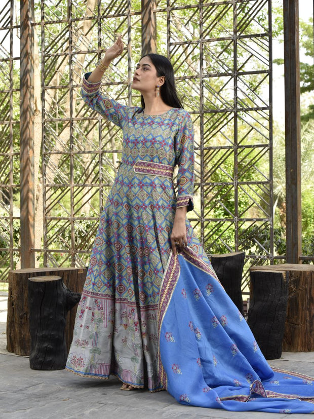 Blue and Grey Vasansi Silk Printed Anarkali Gown