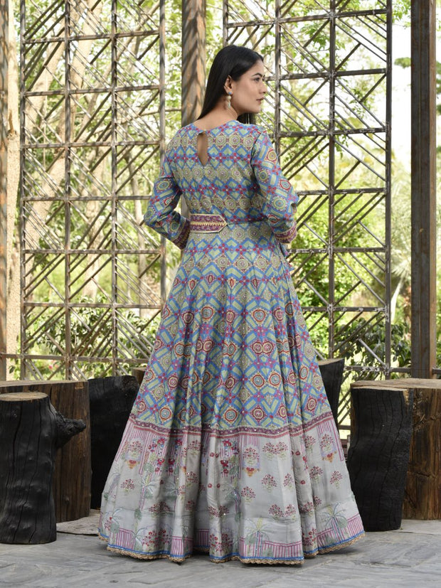 Blue and Grey Vasansi Silk Printed Anarkali Gown