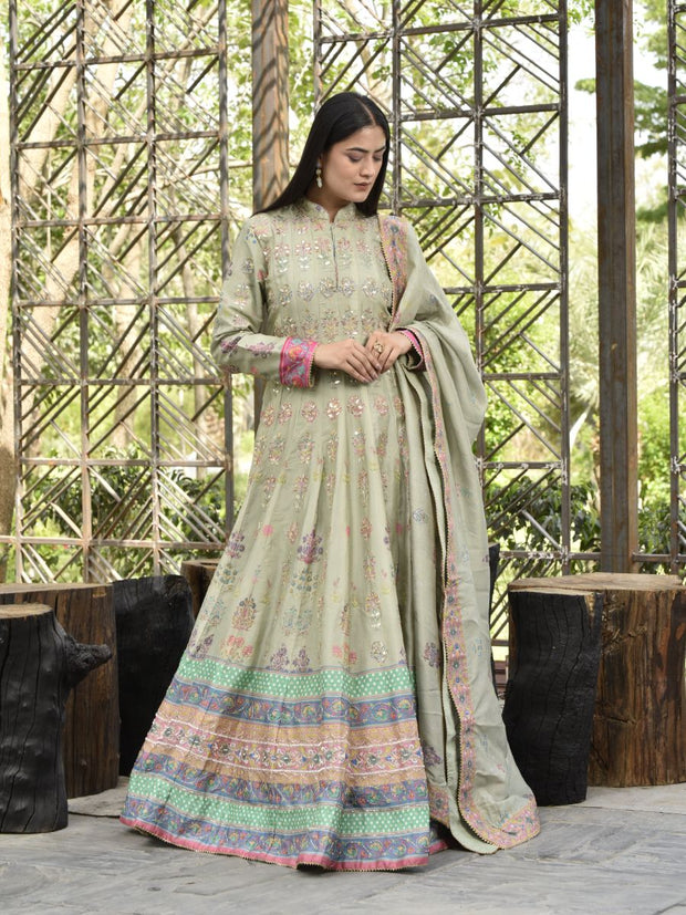 Laurel Green Vasansi Silk Printed Anarkali Gown