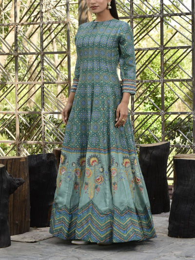 Hunter Green Vasansi Silk Printed Anarkali Gown