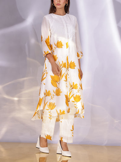 White and Yellow Floral Printed Vasansi Silk Co-ord Set
