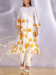 White and Yellow Floral Printed Vasansi Silk Co-ord Set