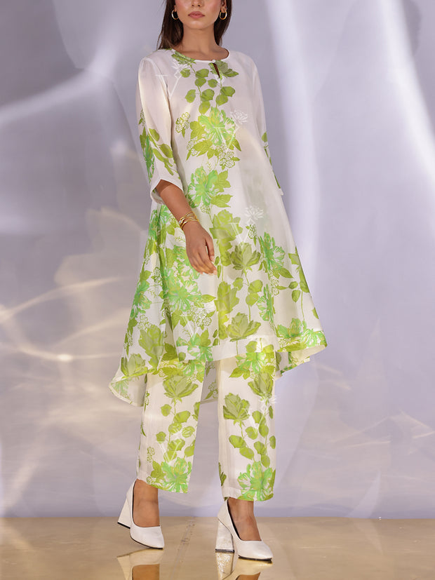 White and Green Vasansi Silk Printed Co-ord Set