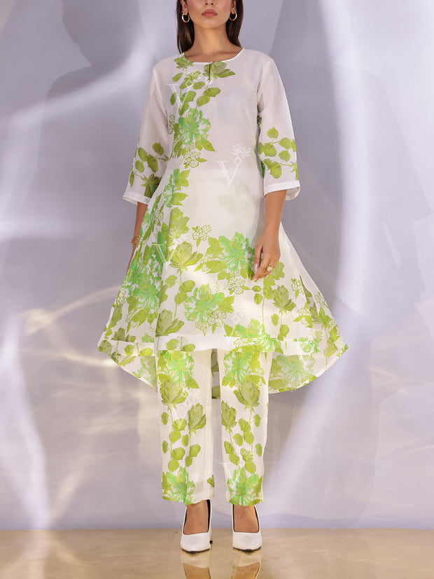 White and Green Vasansi Silk Printed Co-ord Set