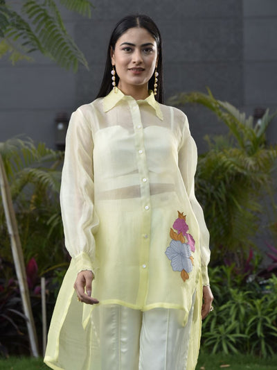 Light Yellow Organza Top with Bustier and Pant Set