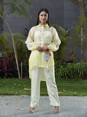 Light Yellow Organza Top with Bustier and Pant Set