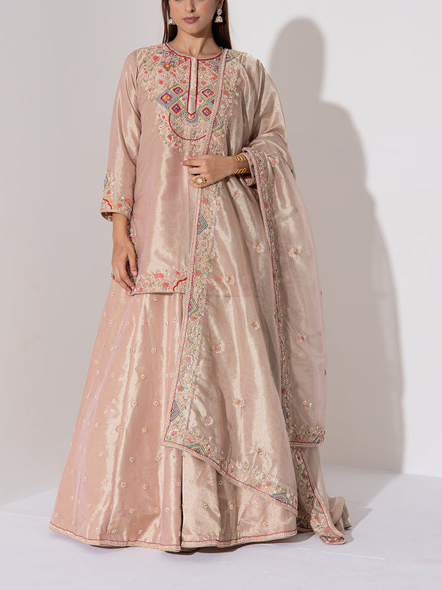 Rose Gold Embroidered Kurta and Sharara Set