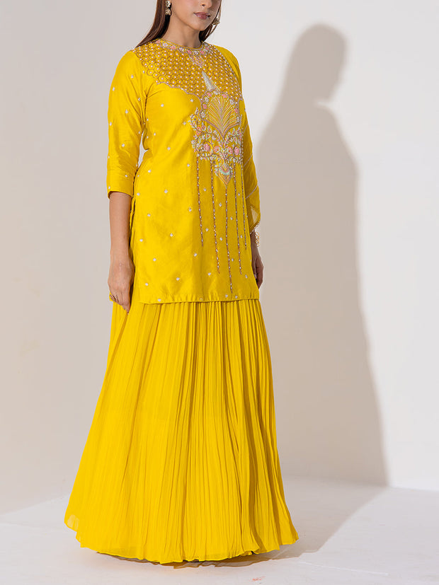 Mustard Yellow Embroidered Kurta and Sharara Set