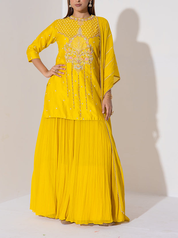 Mustard Yellow Embroidered Kurta and Sharara Set