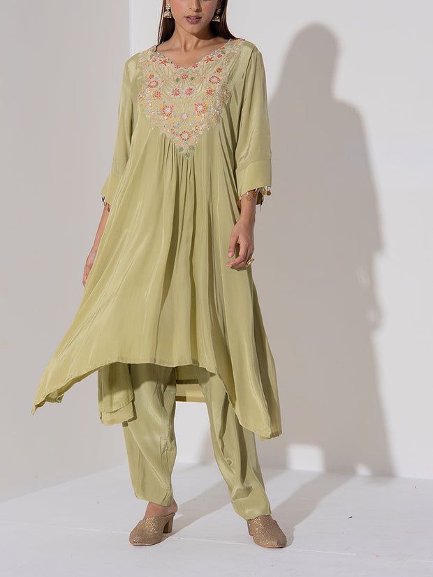 Sage Green Assymetric Kurta Pant Set