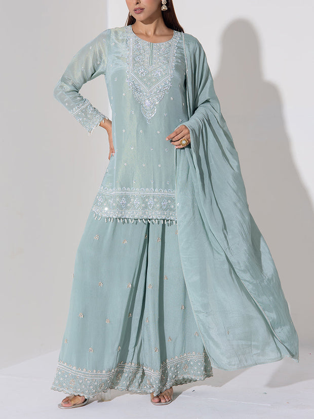 Powder Blue Embroidered Kurta and Sharara Set