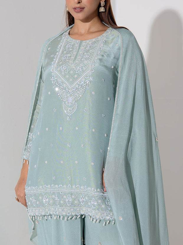 Powder Blue Embroidered Kurta and Sharara Set