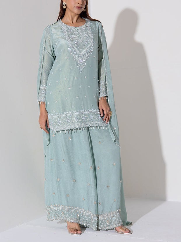Powder Blue Embroidered Kurta and Sharara Set
