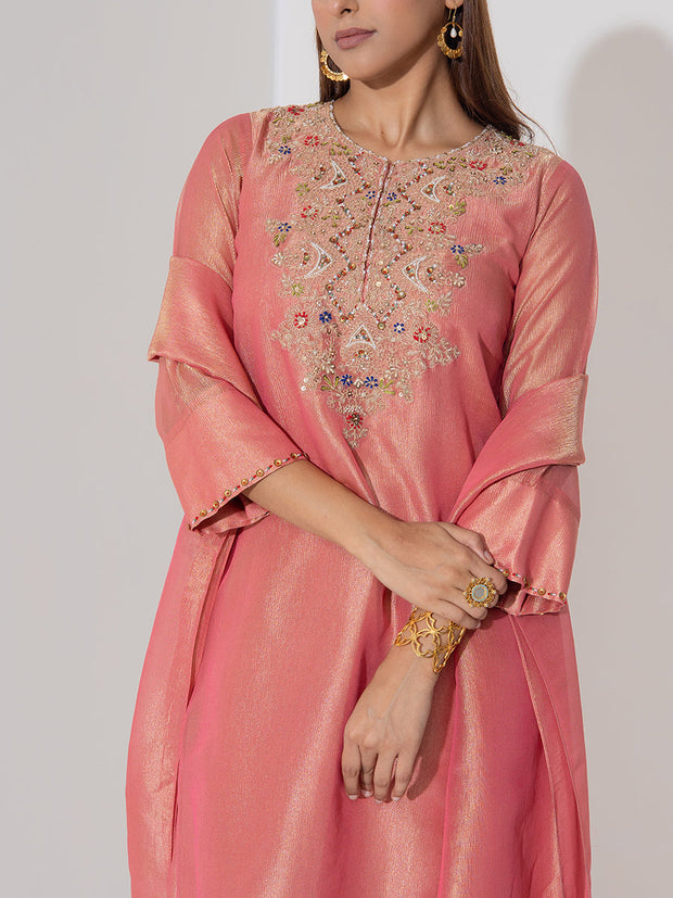 Peach Embroidered Kurta and Pant Set