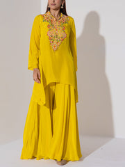 Lime Yellow Embroidered Top and Sharara Set