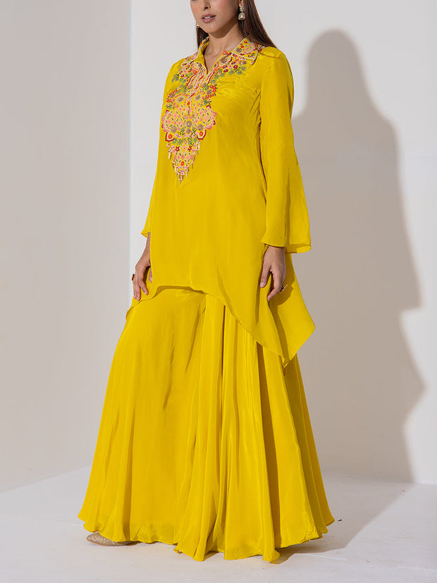 Lime Yellow Embroidered Top and Sharara Set