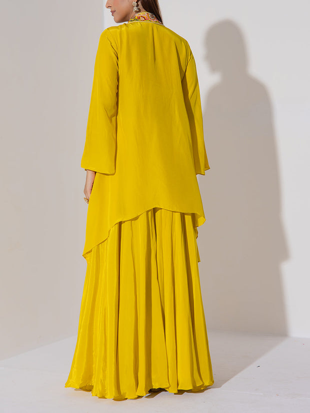 Lime Yellow Embroidered Top and Sharara Set