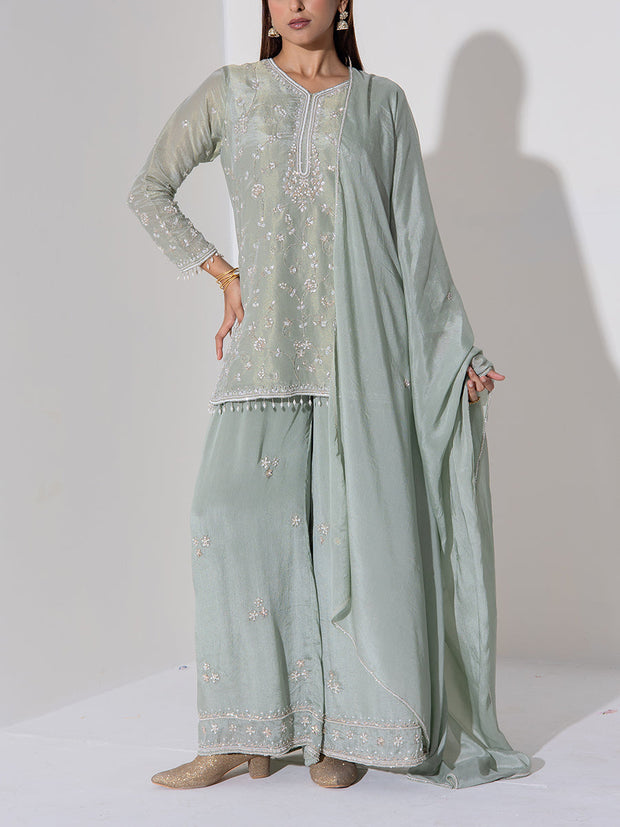 Lime Green Embroidered Kurta and Sharara Set