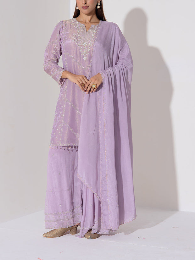 Lilac Embroidered Kurta and Sharara Set