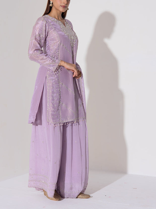 Lilac Embroidered Kurta and Sharara Set
