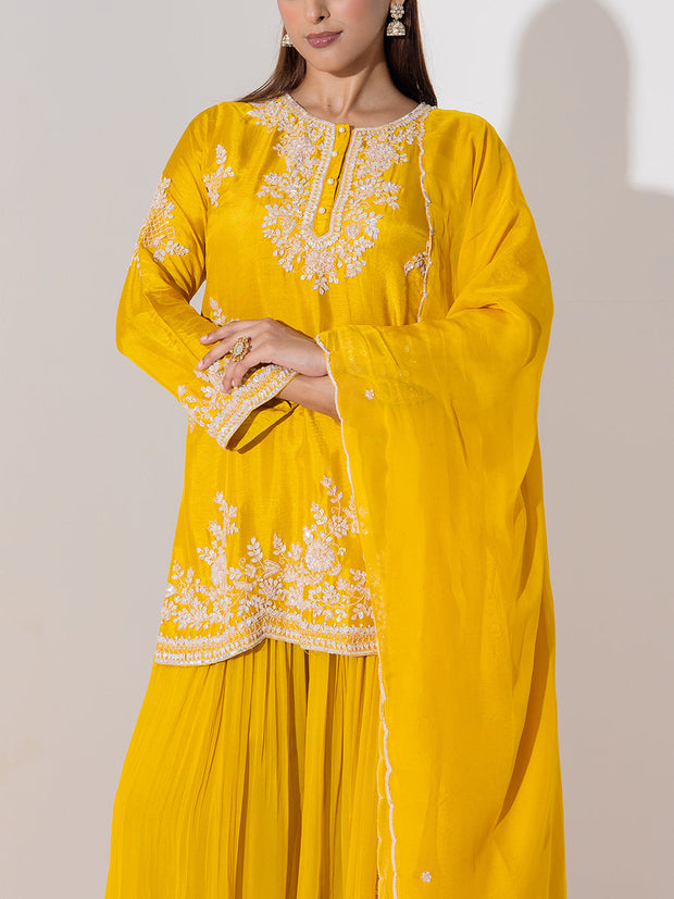 Mustard Yellow Embroidered Kurta and Sharara Set