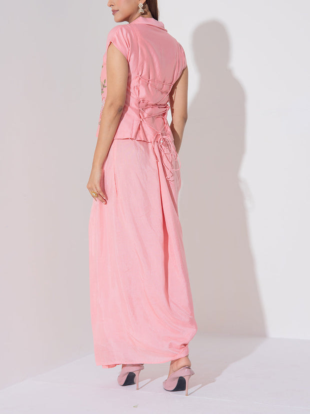 Peach Embroidered Drape Skirt Set