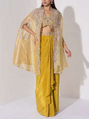 Lime Green Embroidered Cape and Drape Skirt Set
