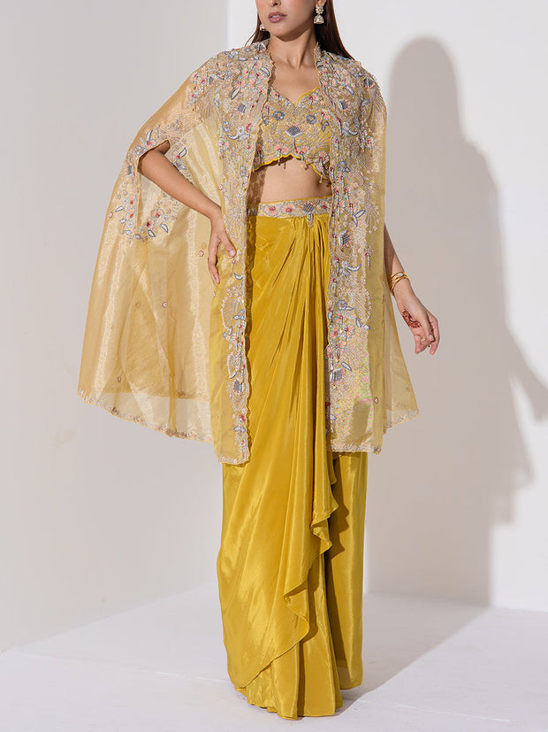 Lime Green Embroidered Cape and Drape Skirt Set