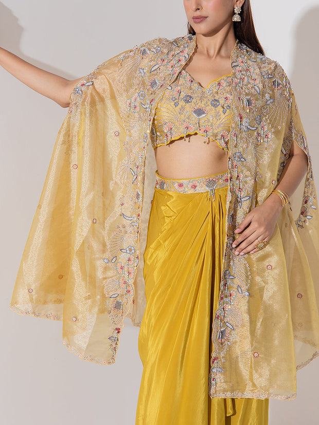 Lime Green Embroidered Cape and Drape Skirt Set
