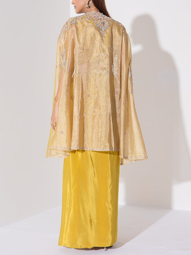Lime Green Embroidered Cape and Drape Skirt Set