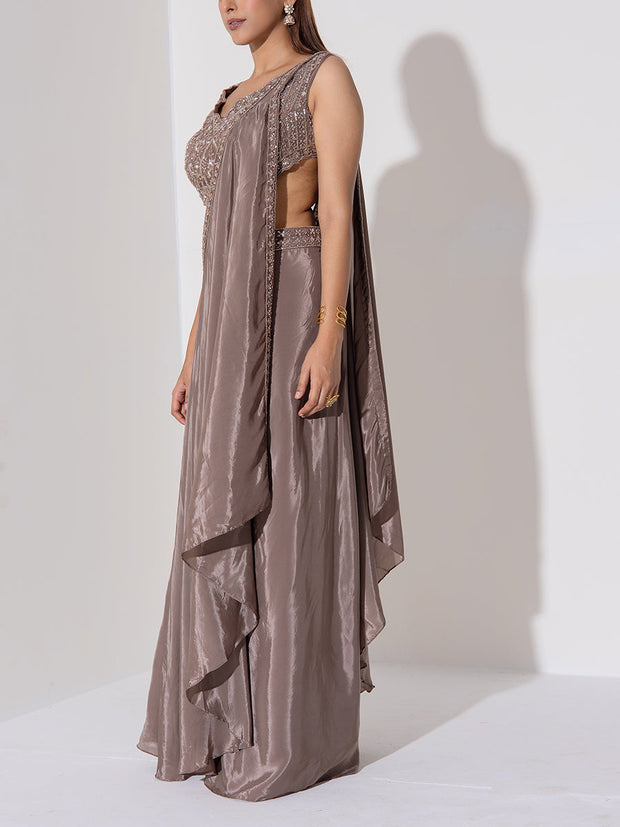 Brown Embroidered Drape Saree
