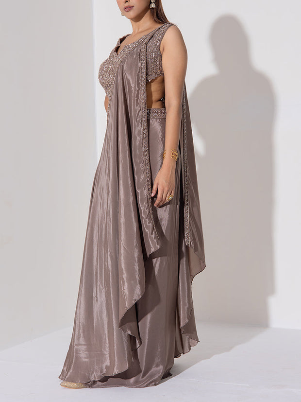 Brown Embroidered Drape Saree