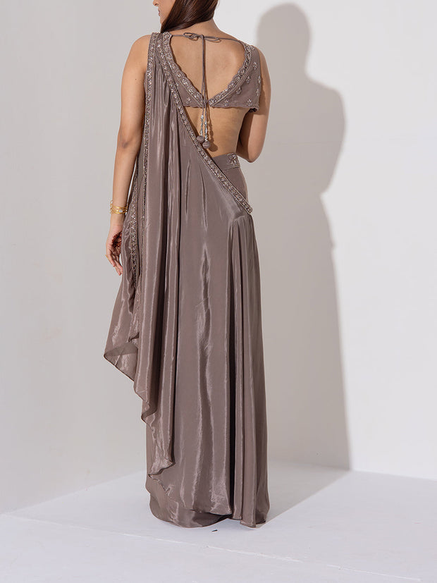 Brown Embroidered Drape Saree