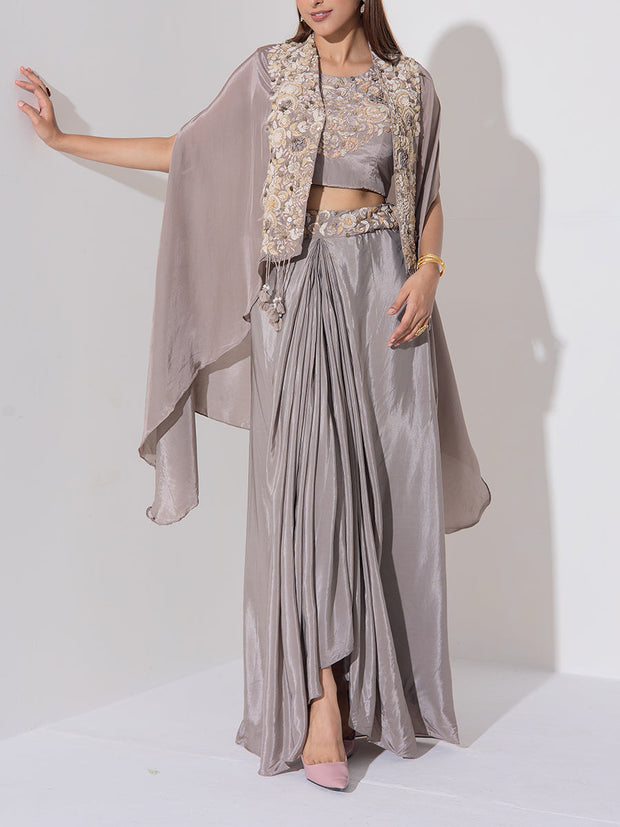Grey Embroidered Cape and Drape Skirt Set