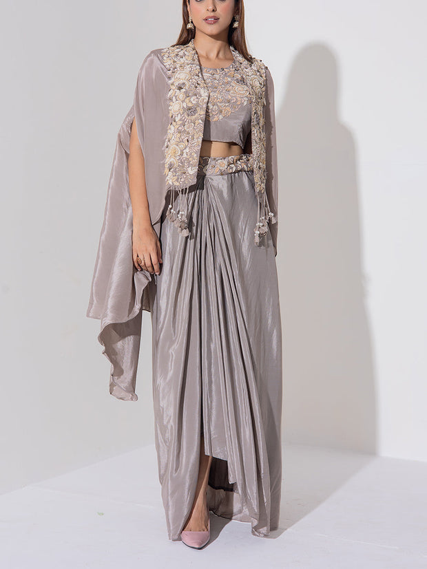 Grey Embroidered Cape and Drape Skirt Set