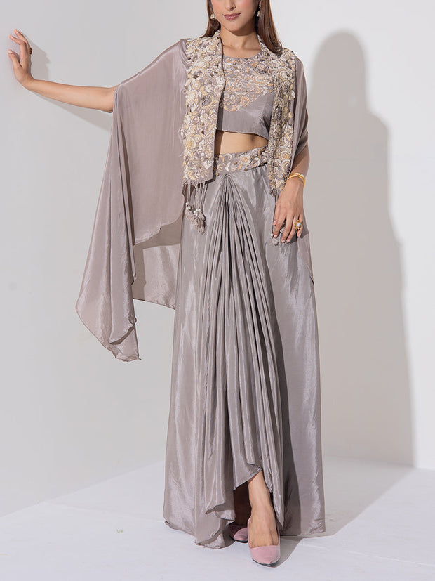 Grey Embroidered Cape and Drape Skirt Set