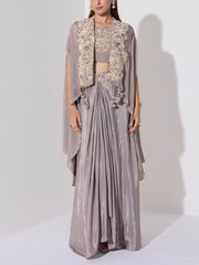 Grey Embroidered Cape and Drape Skirt Set