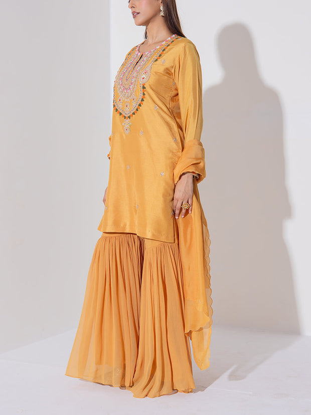 Mustard Yellow Embroidered Kurta and Garara Set