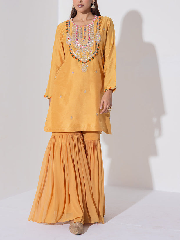 Mustard Yellow Embroidered Kurta and Garara Set