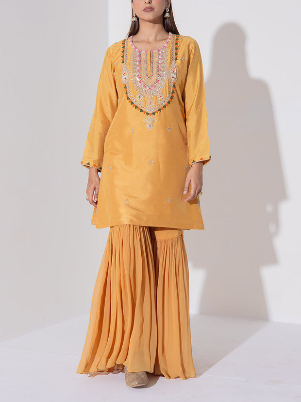 Mustard Yellow Embroidered Kurta and Garara Set