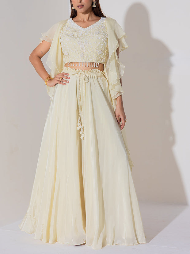 Off White Embroidered Top and Sharara Set