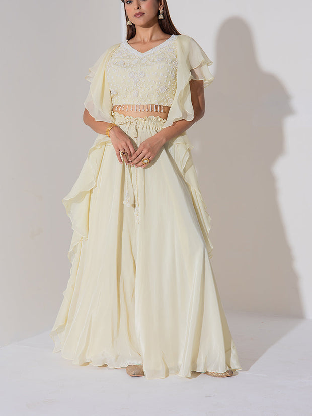 Off White Embroidered Top and Sharara Set