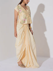 Beige Embroidered Drape Skirt Set