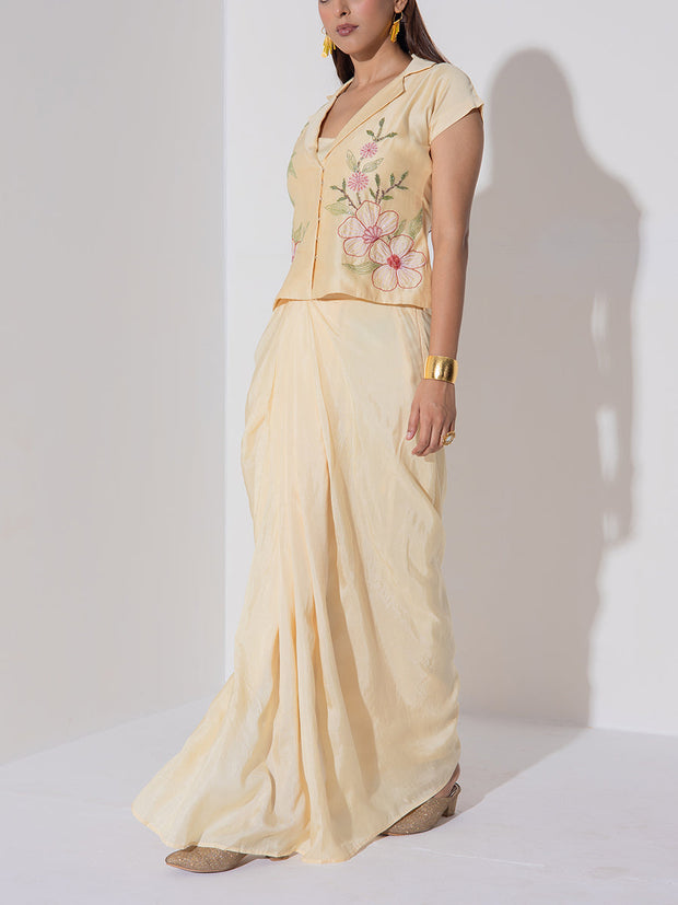 Beige Embroidered Drape Skirt Set