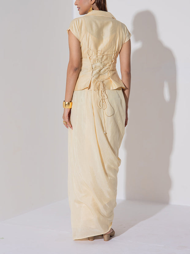 Beige Embroidered Drape Skirt Set