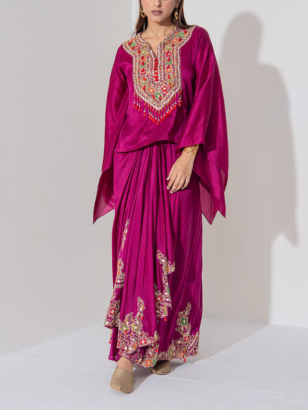 Magenta Embridered Draped Cape Set