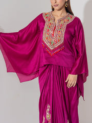 Magenta Embridered Draped Cape Set