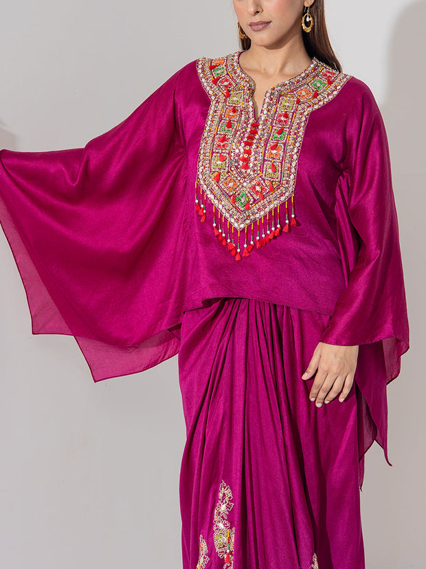Magenta Embridered Draped Cape Set