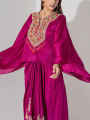 Magenta Embridered Draped Cape Set
