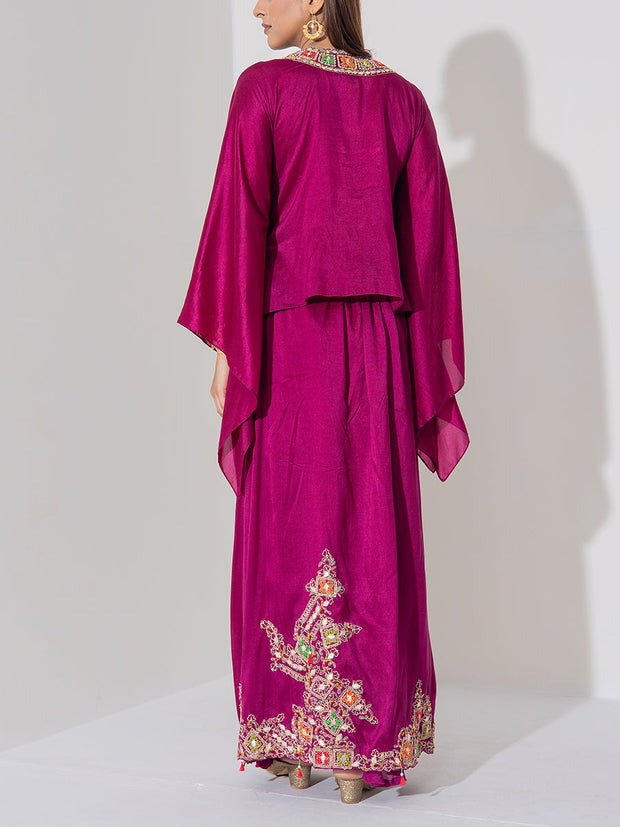 Magenta Embridered Draped Cape Set